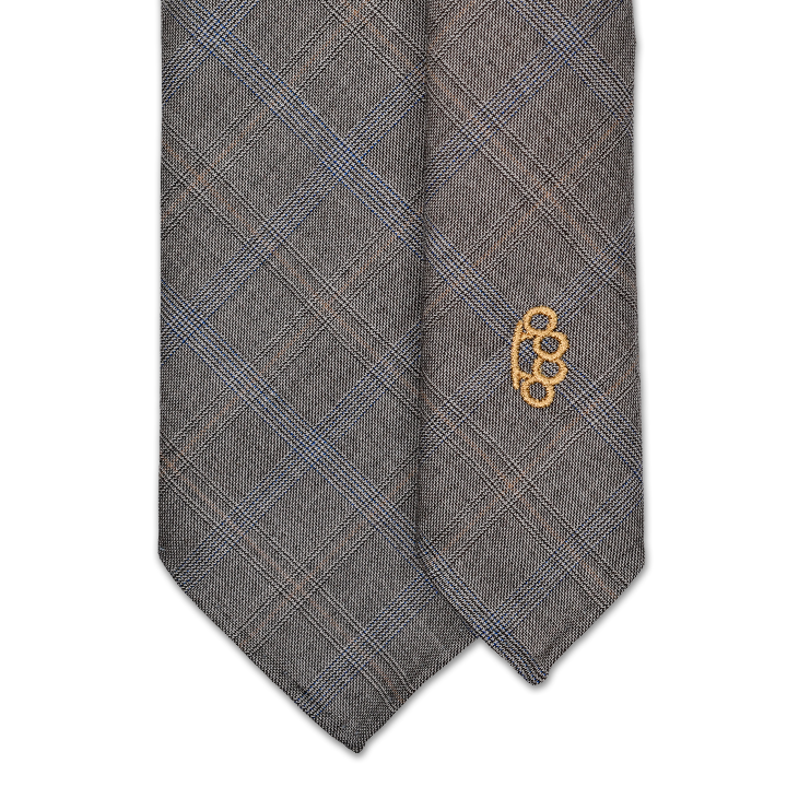 7-Fold Wool Tie - Grey and Tan Check - Handrolled - Shawn Christopher